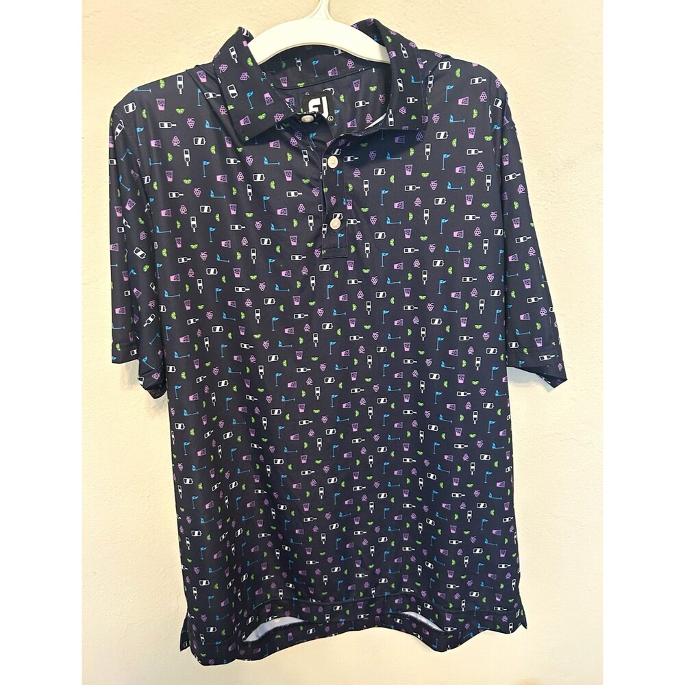 FootJoy Golf Polo Drink Print Multicolor Logo Button Size Large Preppy Vacation
